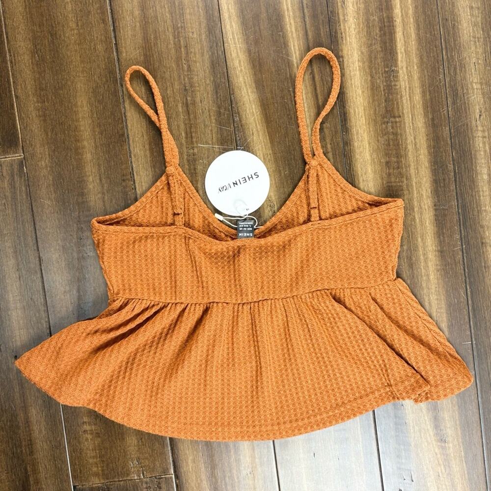 NWT Rust Orange Ribbed Crop Top, Baby Doll, Ruffle Hem Y2K Thin Straps Bella - Picture 11 of 11